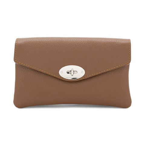 Leather Two Compartments Crossbody with Twist lock- DARK TAN