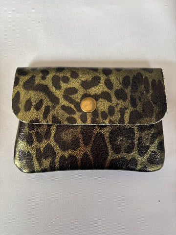 LEATHER METALLIC LEOPARD COIN PURSE GREEN