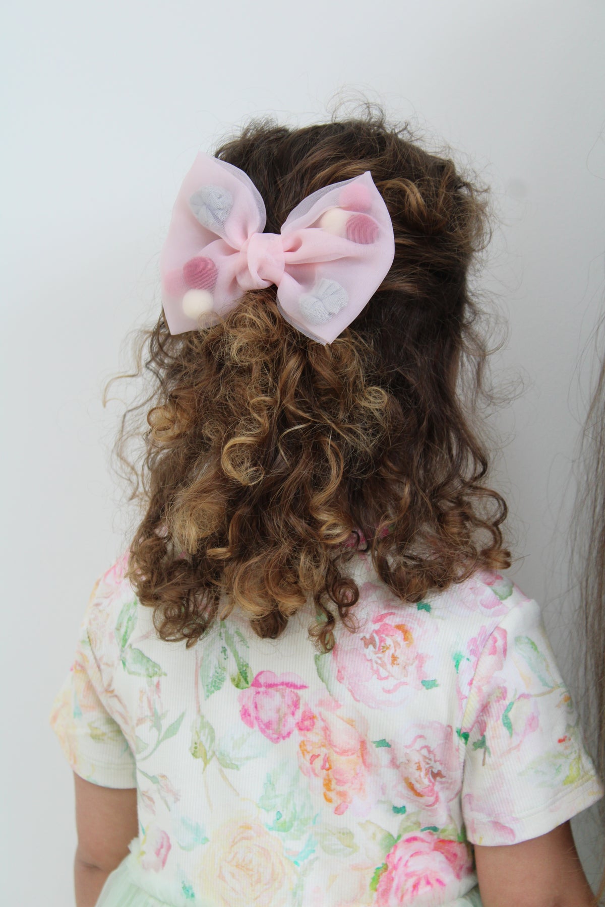 MINI LARGE SHEER POM POM BOW PINK