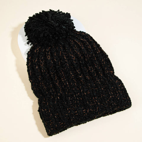 BLACK RIB KNIT POM POM BEANIE