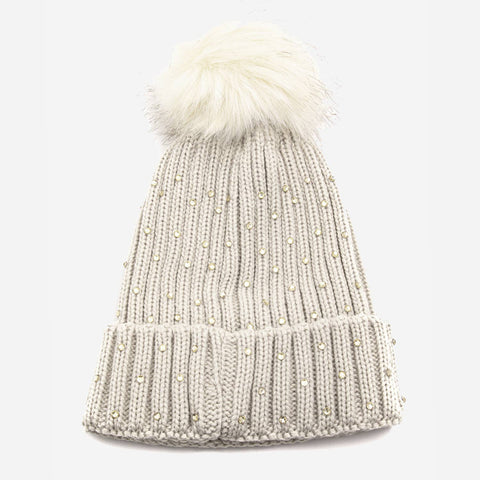 Crochet Knit Rhinestone Studded Pom Beanie: IVORY